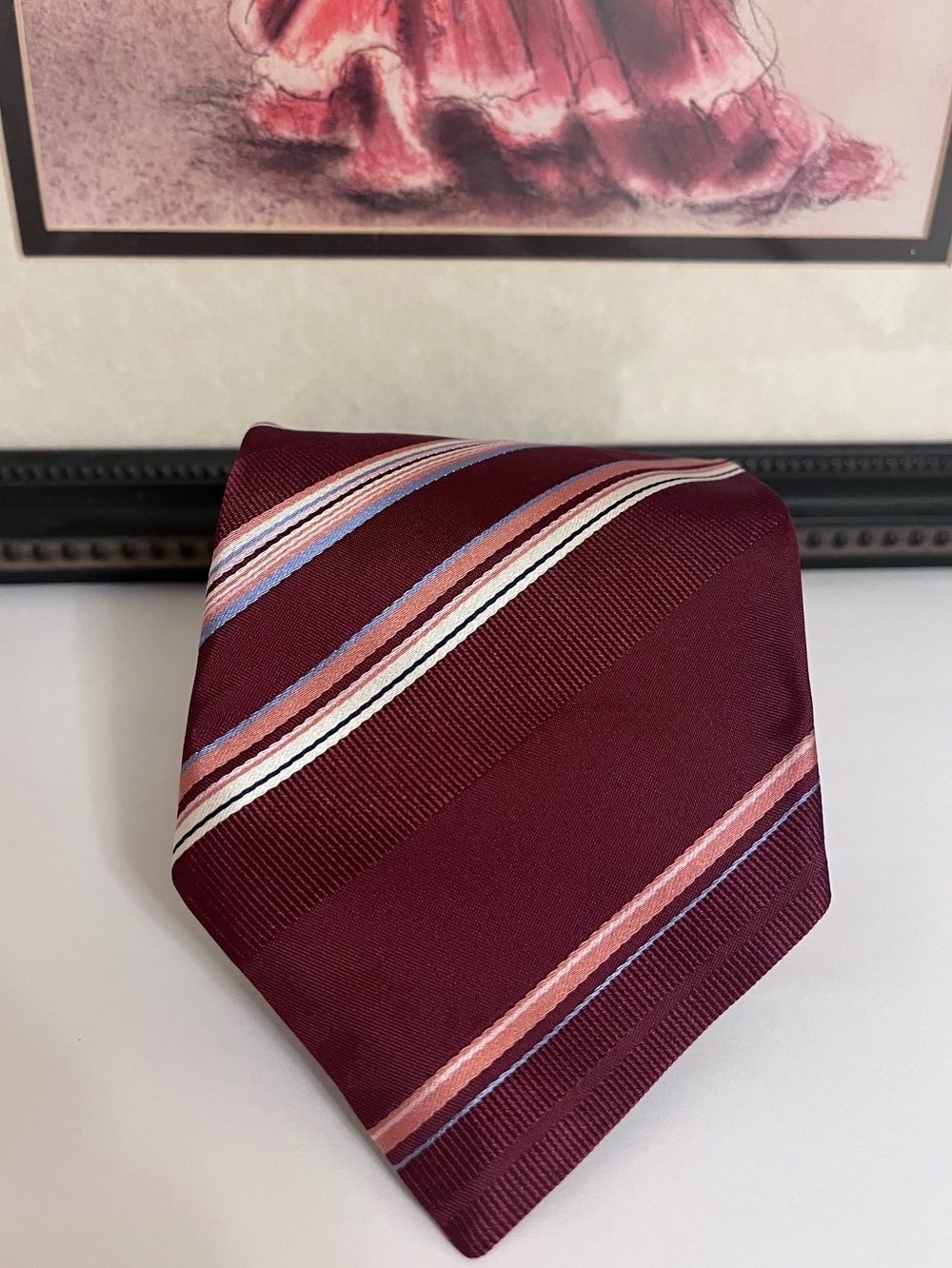 Boss Hugo Boss Burgundy Striped Silk Tie with Pink, Blue & White Accents